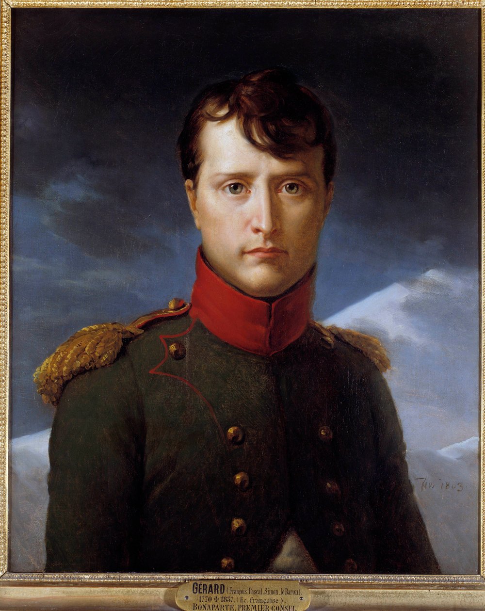 Portret Napoleona Bonaparte (1769-1821) en Premier Consul Obraz Francois Gerarda (1770-1837) 1803 Nd. 0,62x0,53 m Chantilly, musee Conde - Portret Napoleona Bonaparte (1769-1821) jako Pierwszego Konsula - Nawiązanie przez Francois Gerard (1770-1837), olej  autorstwa Baron François Pascal Simon Gérard