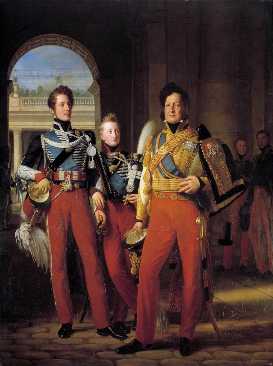 Portrety piesze Ludwika Filipa I (1773-1850), księcia Orleanu w mundurze jako generał-pułkownik husardów oraz jego synów: księcia Chartres i księcia Nemours Obraz Ludwika Hersenta (1777-1860) po Francois Gerard (1770-1837) 1832. Nd 2 autorstwa Baron François Pascal Simon Gérard