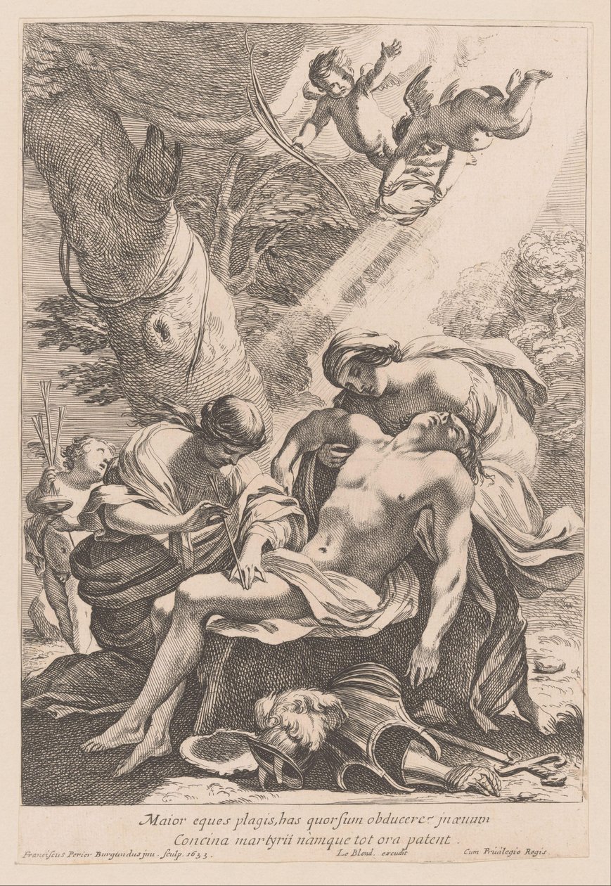 Martelaarschap van de heilige Sebastiaan Większy rycerz musi osłaniać ciosami (...) (tytuł na obiekcie) autorstwa Francois Perrier