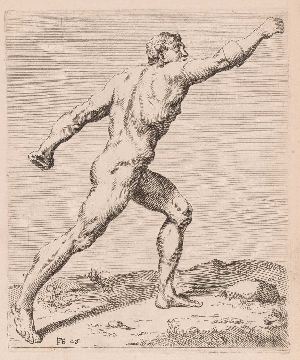 Gladiator Borghese, widok z boku, zwrócony w prawo [tab. 28] autorstwa Francois Perrier