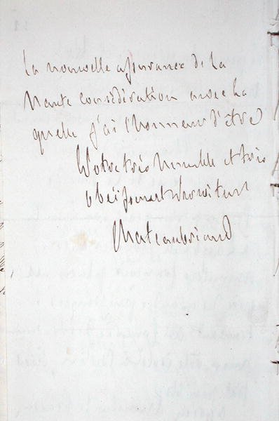 List z podpisem pisarza, pisany we Frankfurcie w drodze na nowe stanowisko Chateaubrianda jako ministra pełnomocnego w Berlinie, 7 stycznia 1821 r. (pióro i tusz na papierze) autorstwa Francois Rene Vicomte de Chateaubriand