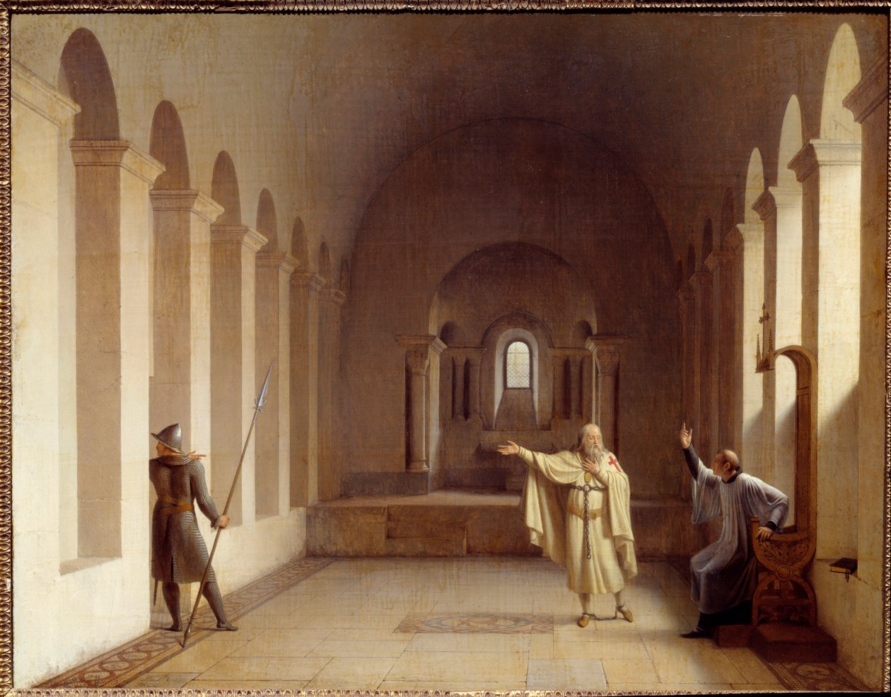 Jacques de Molay (Molai) (1243-1314), wielki mistrz templariuszy Jacques de Molay zatrzymany od 1307 roku, jest przetrzymywany w Pałacu Królewskim w Chinon, gdzie jest przesłuchiwany przez przedstawicieli papieskich i królewskich. Obraz Francois Richard Fl autorstwa Francois Richard Fleury