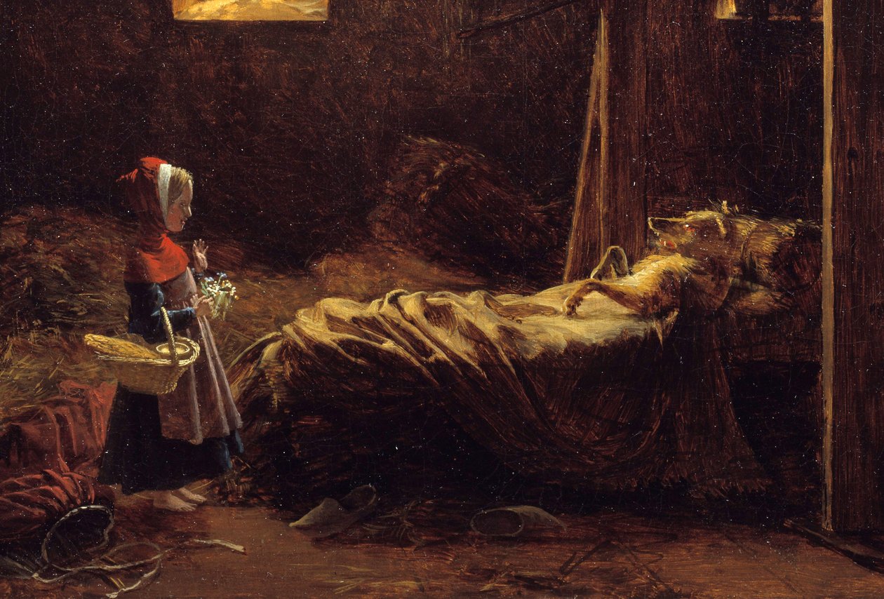Czerwony Kapturek, detal. Ilustracja opowieści o Charlesie Perrault, małym czerwonym kapturku przed wilkiem przebranym za babcię. Obraz Francois Richard Fleury (1777-1852) XIX w. Słońce. 0,35x0,47 m . autorstwa Francois Richard Fleury