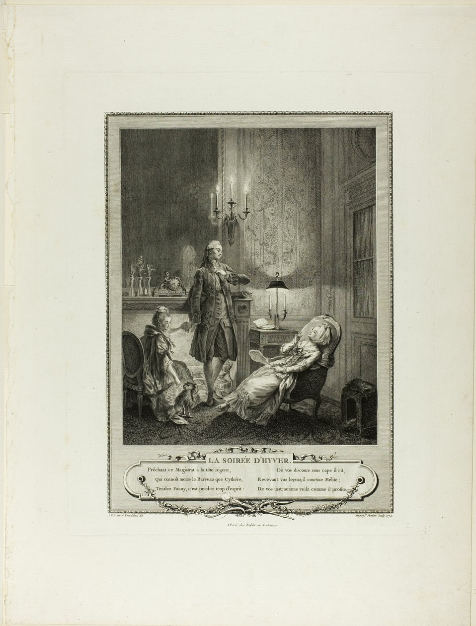 Zimowy wieczór, z Monument du Costume Physique et Moral de la fin du Dix-huitième siècle autorstwa Francois Robert Ingouf