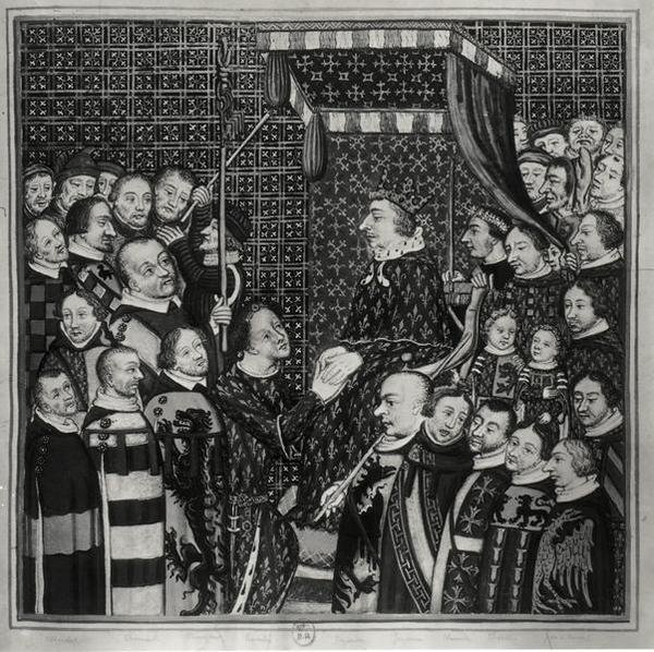 Ludwik II (1337-1410) hrabia Klemens oddający hołd Karolowi V (1338-80) kopia miniatury z XIV wieku (akwarela na papierze) (zdjęcie czarno-białe) autorstwa Francois Roger de Gaignieres