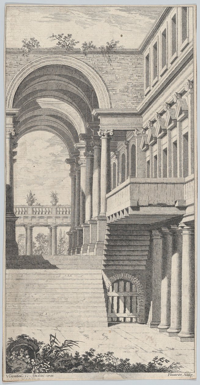 Widok architektoniczny z łukiem, 1740. autorstwa Francois Vivares