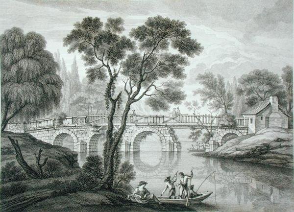 Projekt Ruinous Bridge do ogrodu w Syon House, opublikowany 1778 (rycina) autorstwa Francois Vivarez