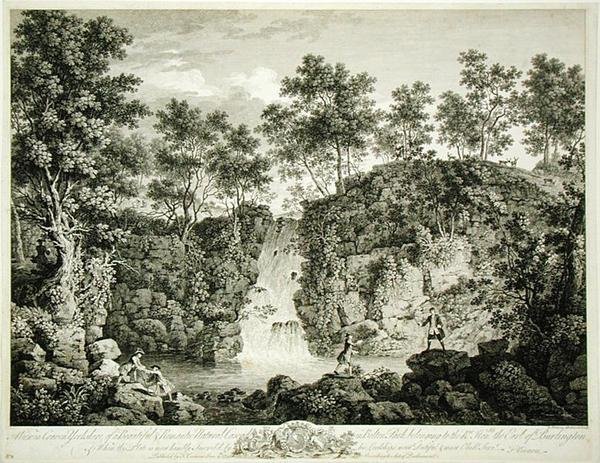 Widok kaskady w Bolton Park, Craven, Yorkshire, opublikowany w 1753 r. (rycina) autorstwa Francois Vivarez