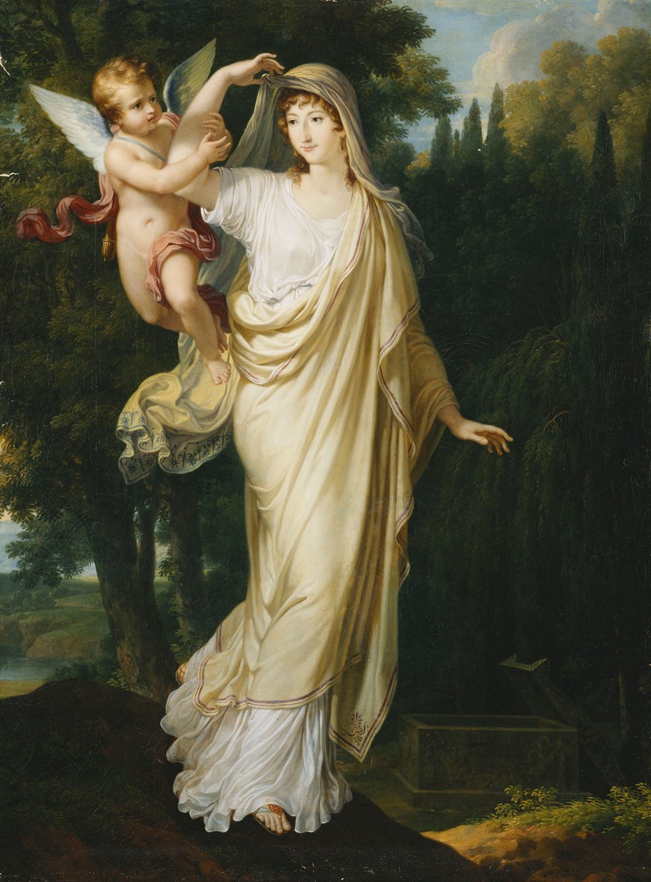 Portret pośmiertny markizy Fanny Grimaldi, z domu Baronne von Burkenwald, księżniczki Santa Cruce, markizy de Monaco et de Genes, która wkrótce dołączy do swojego pierwszego męża, markiza Giovanni Battista Grimaldi przy jego grobie, 1804 autorstwa Francois Xavier Fabre