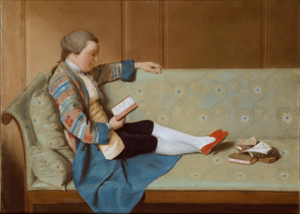 Portret mężczyzny leżącego na sofie, czytanie, połowa XVIII wieku. autorstwa Francois Xavier Vispre