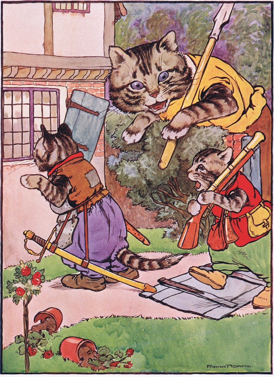 Kot z kociętami podkrada się do domu, ilustracja z książki Charlesa H. Bennetta „Żaba by się zalotna”, 1916 autorstwa Frank Adams