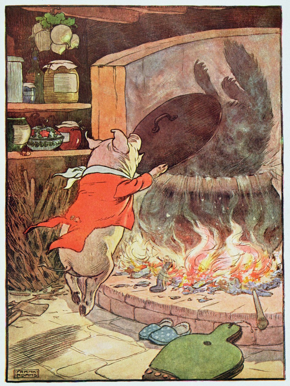 „Wilk z pluskiem wpadł do wody”, ilustracja z „Trzech małych świnek”, z lat 30. XX wieku autorstwa Frank Adams