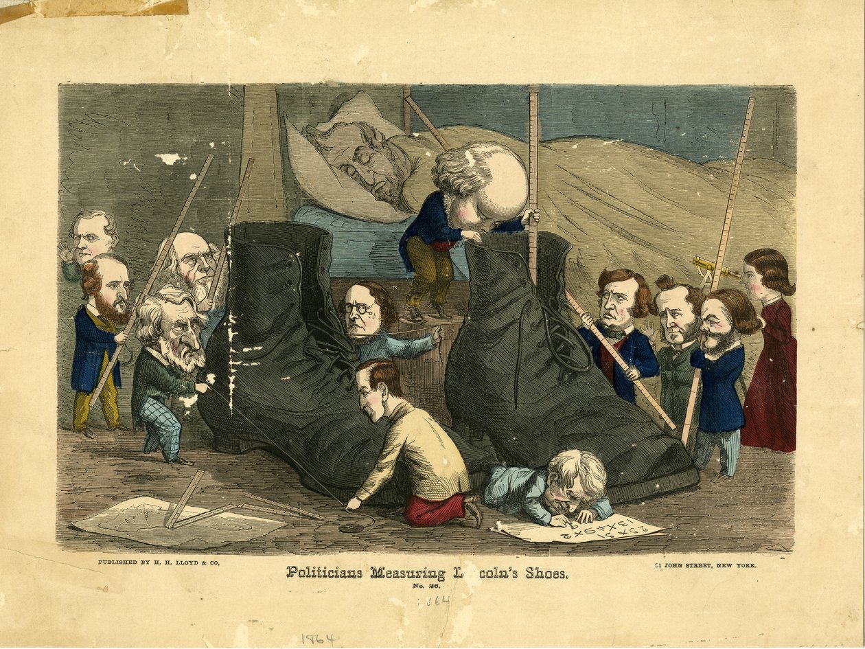 Politycy mierzą buty Lincolna, 1864 (ręcznie barwiony grawerunek) autorstwa Frank Bellew