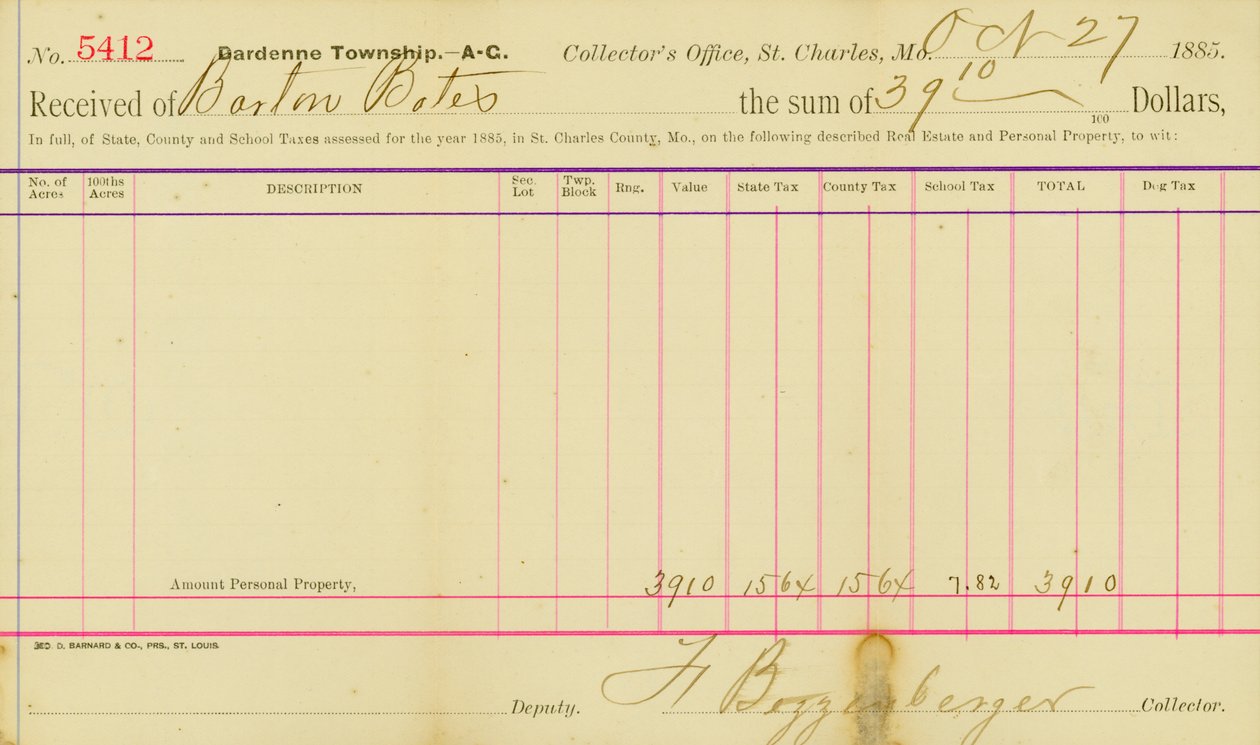 Podatki naliczone za rok 1885 w hrabstwie St. Charles autorstwa Frank Bizzenberger