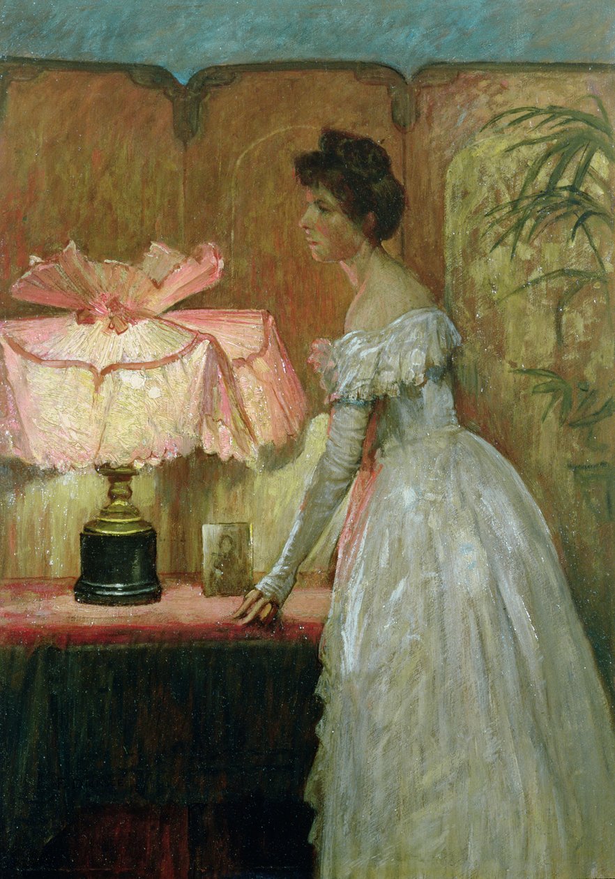 Studium wnętrza z damą w świetle lampy, 1891 autorstwa Frank Dicksee