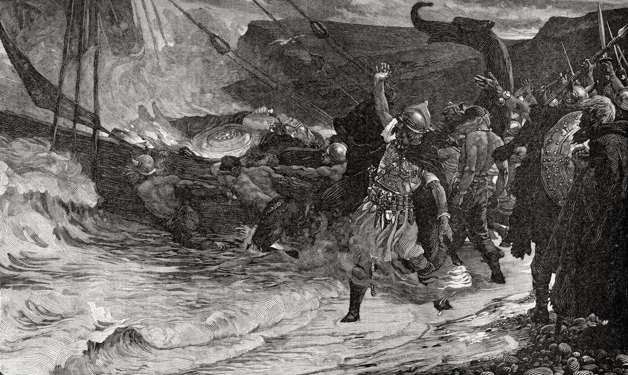 Pogrzeb wikinga z książki „Kościół anglikański: historia dla ludu”, wydanej ok. 1910 r. autorstwa Frank Dicksee