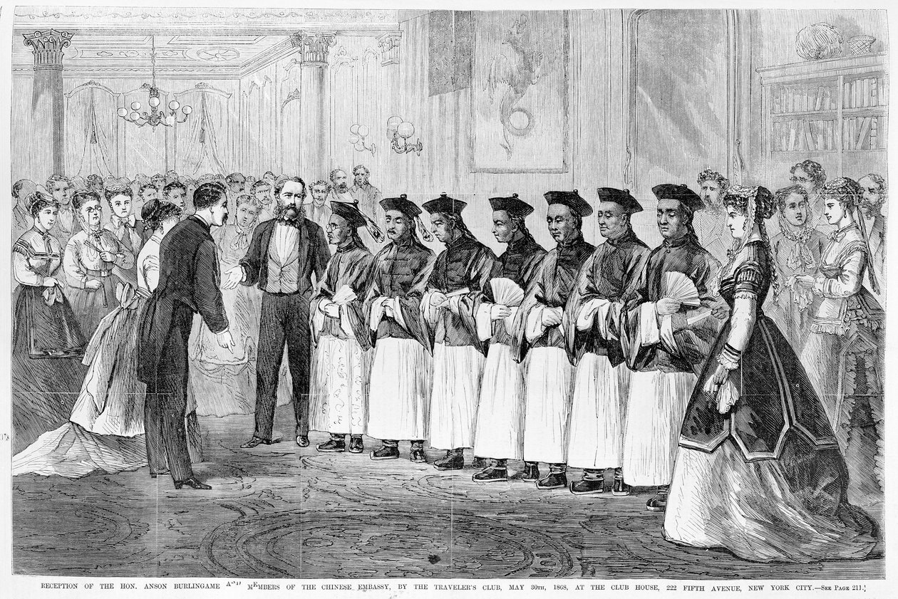 Przyjęcie Burlingame i członków ambasady chińskiej w Travelers Club, Nowy Jork, 30 maja 1868 r., z „Ilustrowanej gazety Franka Leslie”, 20 czerwca 1868 r. autorstwa Frank Leslie