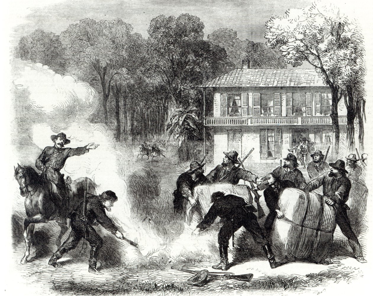 Konfederaccy wypalacze bawełny pod Memphis zaskoczeni przez zwiadowców federalnych podczas amerykańskiej wojny secesyjnej, 1862 r. autorstwa Frank Vizetelly