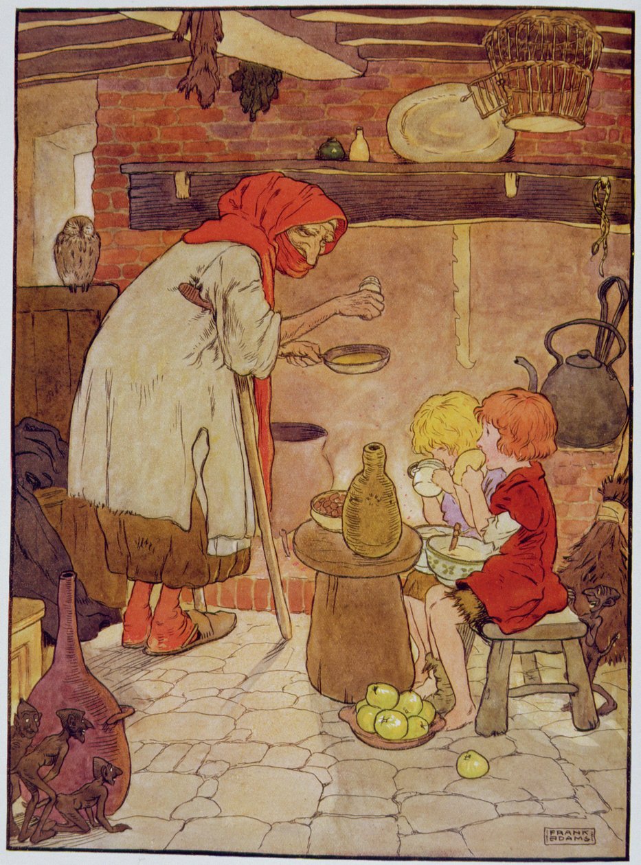 Jaś i Małgosia karmione przez Czarownicę, ilustracja z „Pięknej księgi rymowanek, opowieści i obrazków” Franka Adamsa, wydanej przez Blackie und Son autorstwa Frank Adams