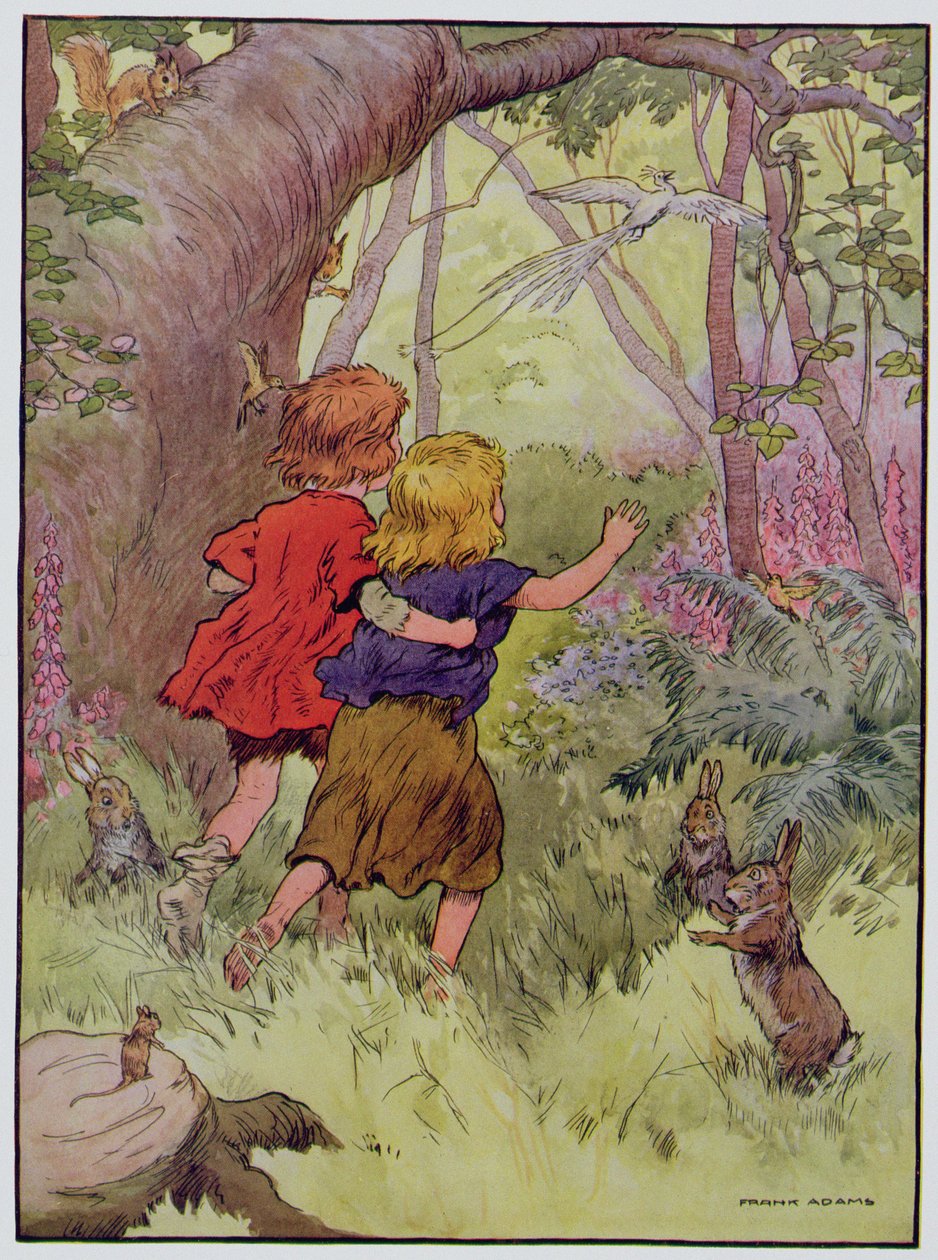 Jaś i Małgosia, ilustracja z „Pięknej księgi rymowanki, opowieści i obrazki” Franka Adamsa, wyd. Blackie und Son autorstwa Frank Adams