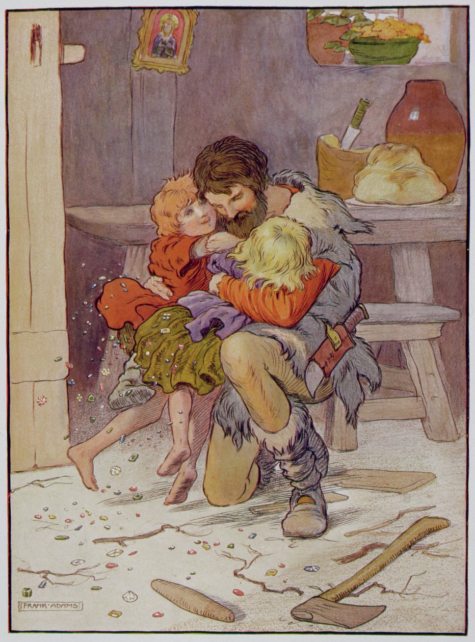 Powrót Jaś i Małgosia, ilustracja z „Pięknej księgi rymowanek, opowiadań i obrazów” Franka Adamsa, wyd. Blackie und Son autorstwa Frank Adams
