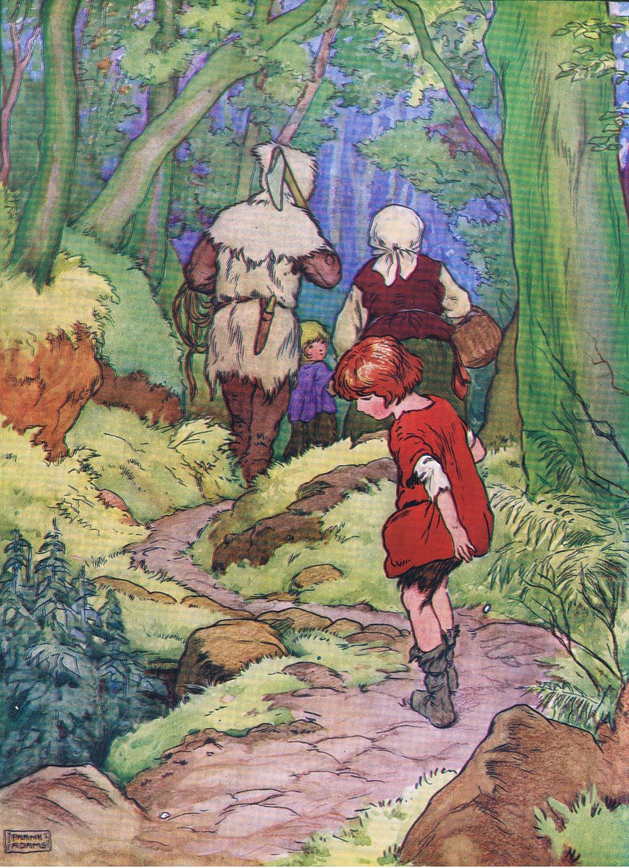 Hansel zatrzymał się i za każdym razem upuścił biały kamyk, z książki Hansel i Gretel wydanej przez Blackie & Son Limited, ok. 1940 r. autorstwa Frank Adams