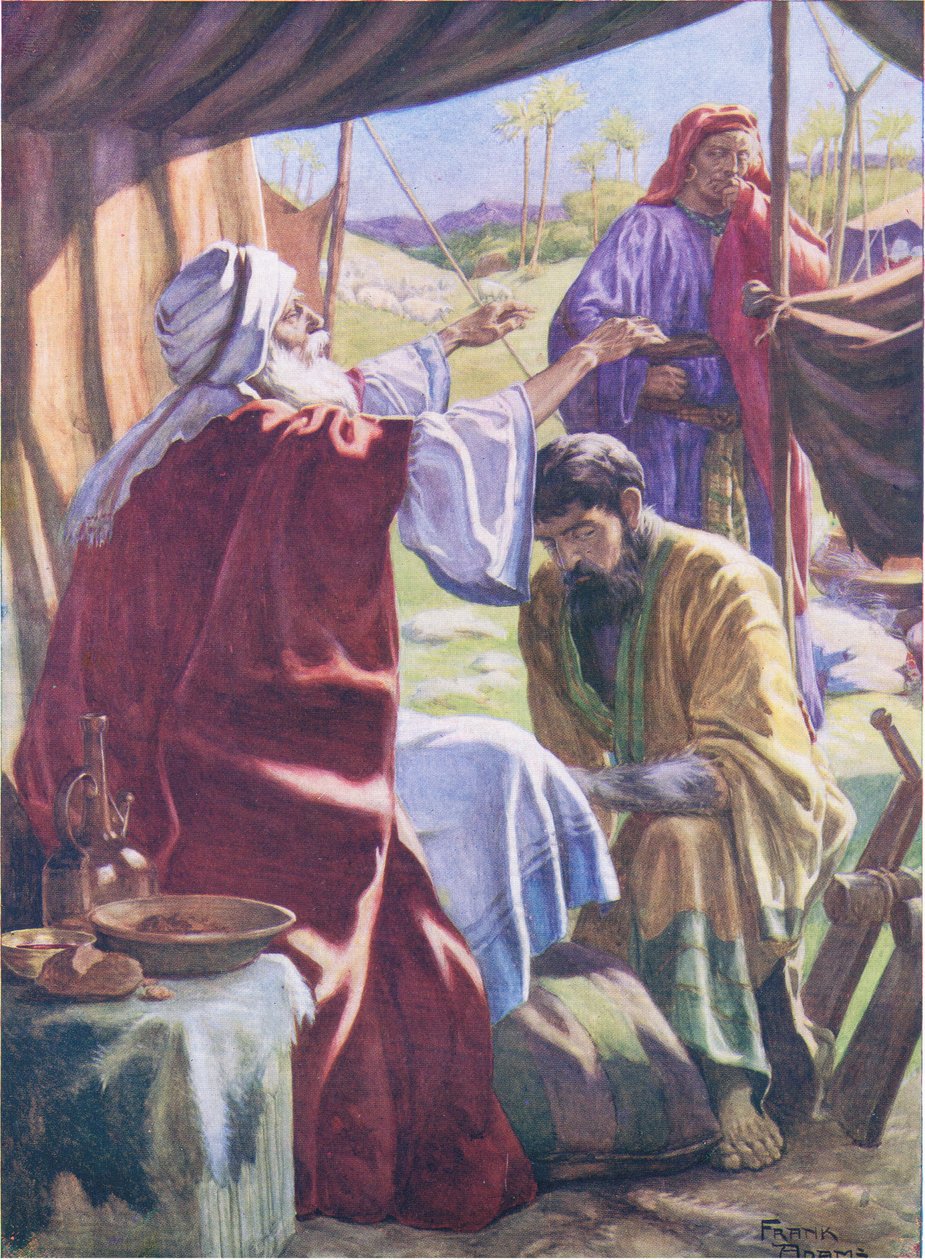 Jakub otrzymujący błogosławieństwo, z The Bible Picture Book, wyd. Thomas Nelson, ok. 1950 r. (litografia kolorowa) autorstwa Frank Adams