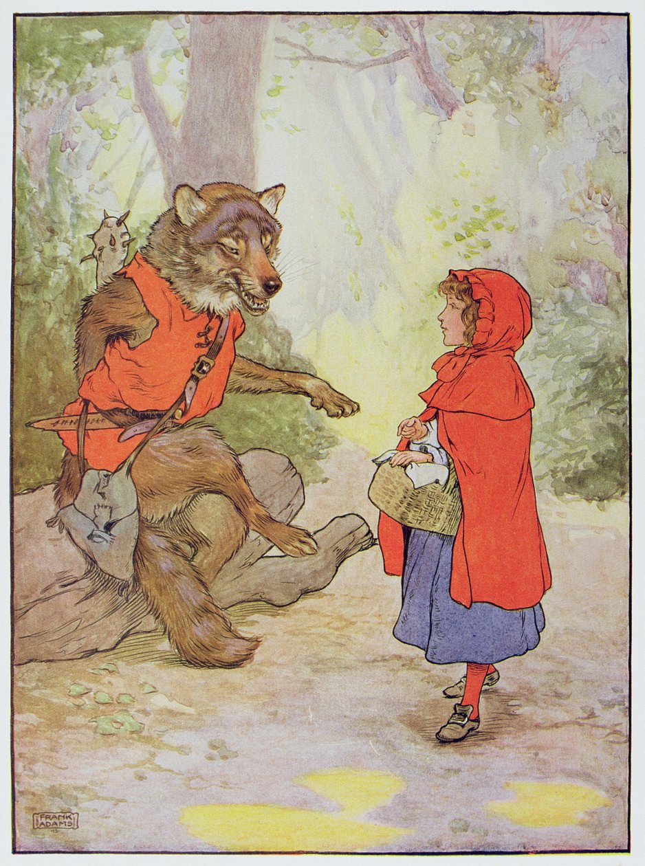 Czerwony Kapturek i Wilk, ilustracja z „Pięknej księgi rymowanek, opowiadań i obrazków” Franka Adamsa, wydanej przez Blackie and Son autorstwa Frank Adams
