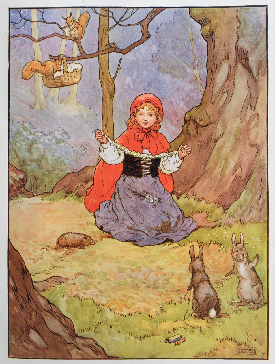 Czerwony Kapturek, ilustracja z „Pięknej księgi rymowanek, opowiadań i obrazków”, autorstwa Franka Adamsa, wydanej przez Blackie and Son autorstwa Frank Adams