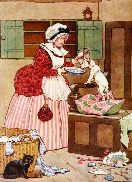 Old Mother Hubbard, ilustracja z „The Beautiful Book of Nursery Rhymes, Stories and Pictures” Franka Adamsa, wyd. Blackie & Son (kolor litho) autorstwa Frank Adams