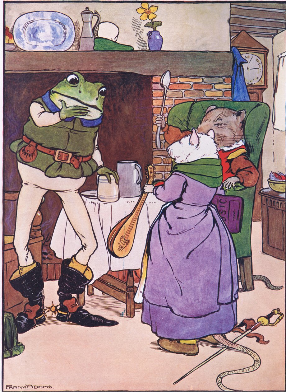 Módl się, Pani Myszka, czy dasz nam piosenkę, ilustrację z „The Frog would a Wooing Go”, Charlesa H. Bennetta, 1916 autorstwa Frank Adams