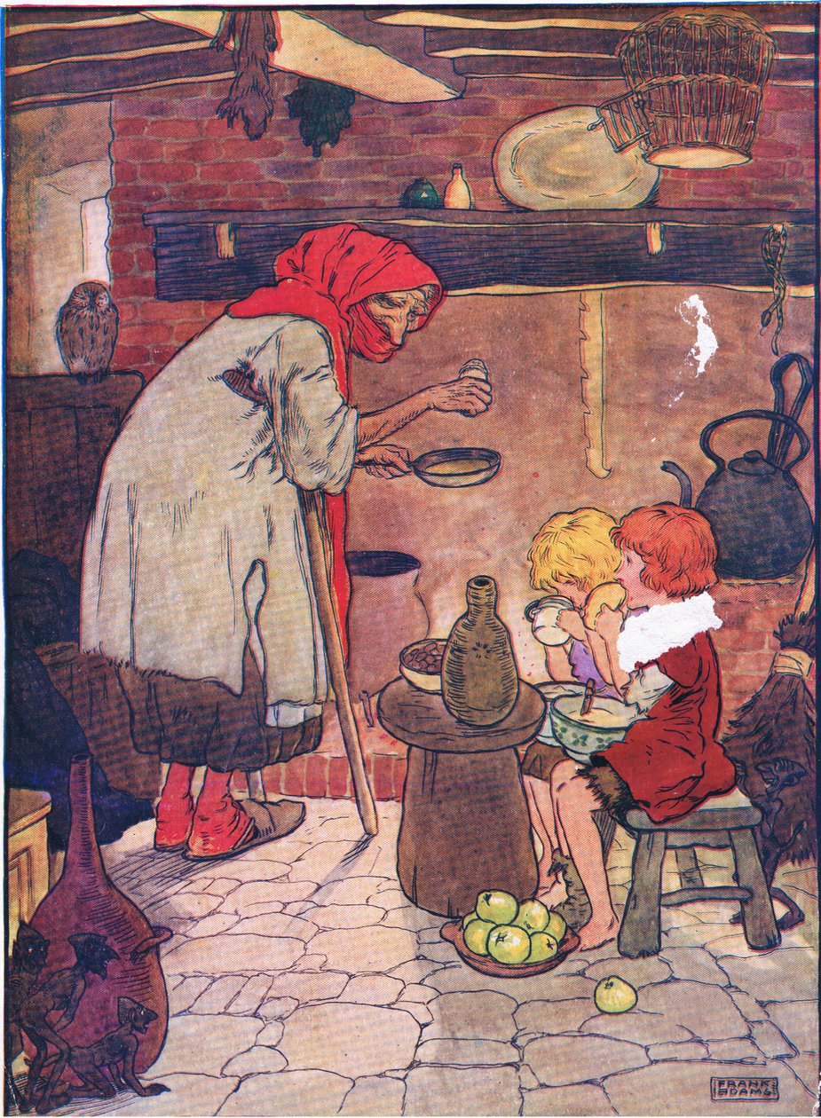 Wprowadziła ich i dała im piękną kolację, z Hansel i Gretel, wyd. Blackie & Son Limited, ok. 1940 r. autorstwa Frank Adams
