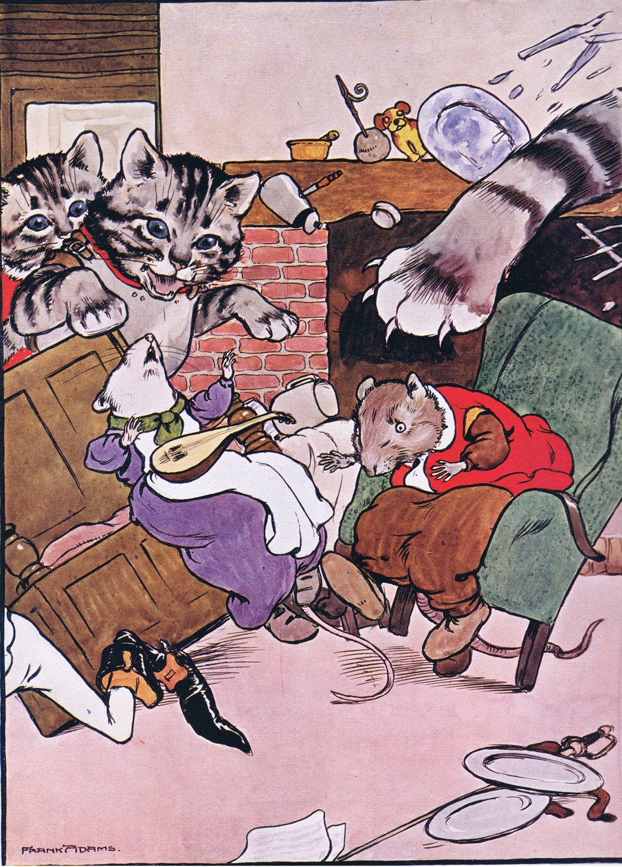 Kot i jej kocięta przyszedł tumbling w, ilustracja z "Żaba będzie Wooing Go", przez Charles H. Bennett, 1916 autorstwa Frank Adams