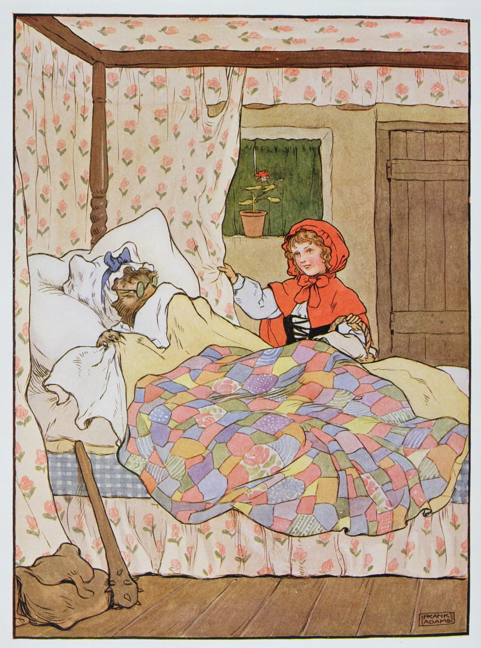 Wilk przebrany za babcię Czerwonego Kapturka, ilustracja z „Pięknej księgi rymowanek, opowieści i obrazków” Franka Adamsa, wydanej przez Blackie und Son autorstwa Frank Adams