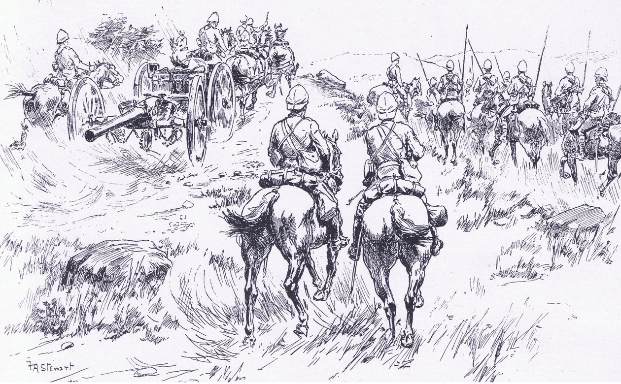 Kawaleria i artyleria byków zbliżająca się do Bergendal, ilustracja z filmu After Pretoria: The Guerilla War, 1902 autorstwa Frank Algenon Stewart