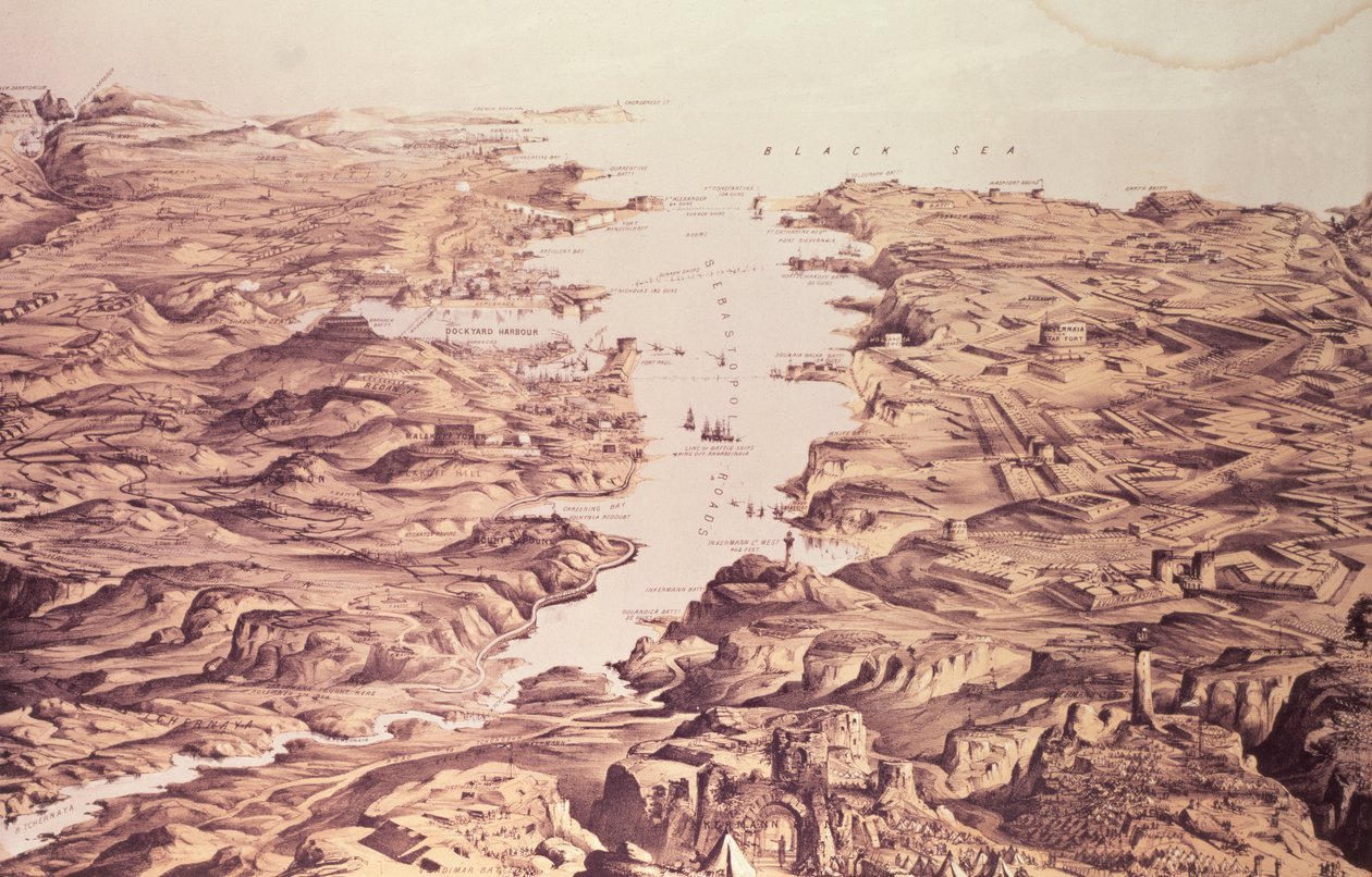 Panoramiczny widok na północną i południową stronę portu i portu w Sewastopolu, zaprojektowany i litografowany przez Thomasa Packera, wyd. autorstwa Stannarda i Dixona, 1855 autorstwa Frank C. Hughes
