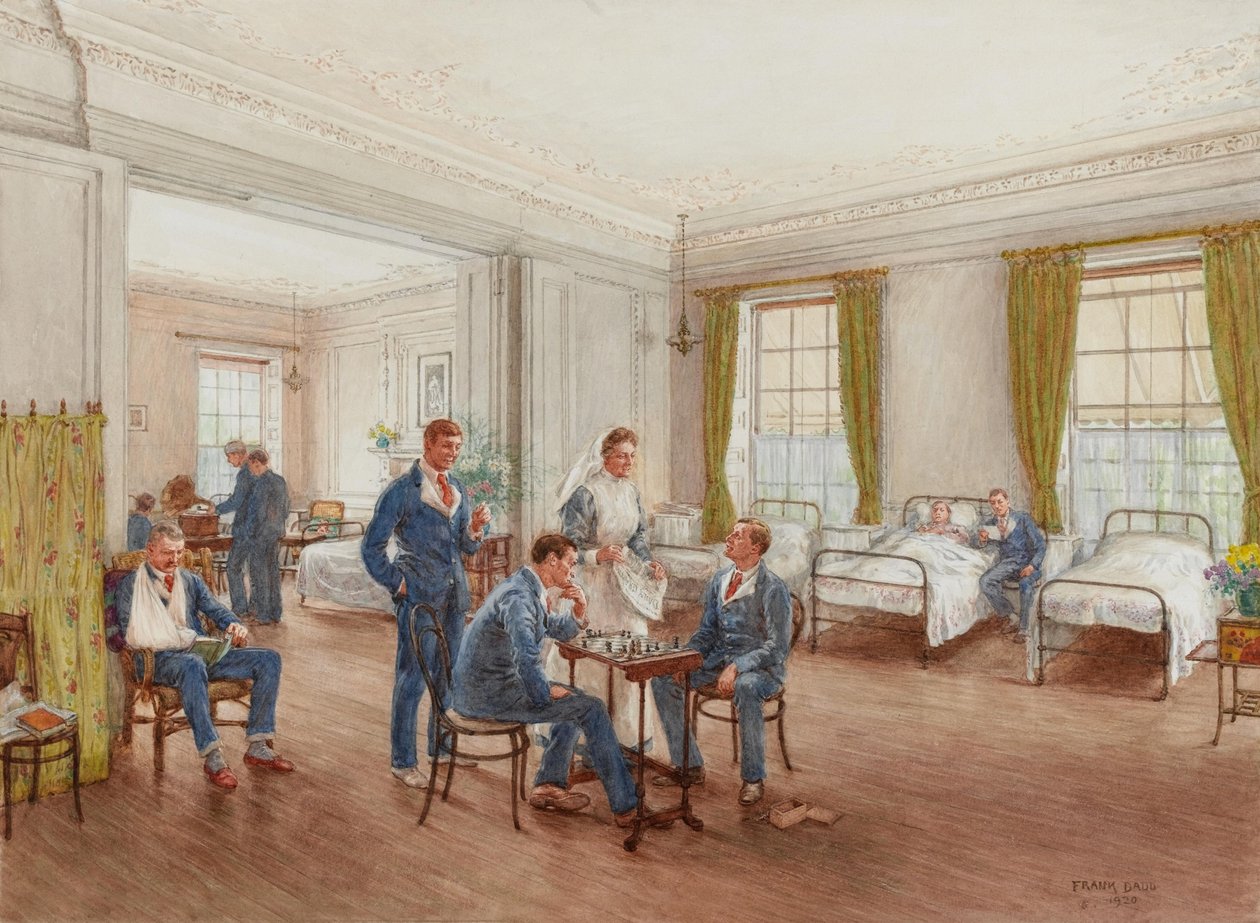 Rekonwalescencyjni żołnierze grający w szachy na oddziale szpitala Sulhampstead House, Berkshire, ok. 1918 (wc na papierze) autorstwa Frank Dadd