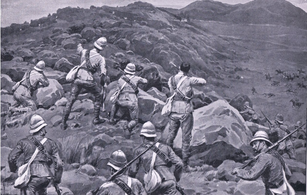 Pogoń za tylną strażą De Weta w Takesbergu z książki After Pretoria: The Guerilla War wydanej przez Harmsworth Bros Limited autorstwa Frank Dadd