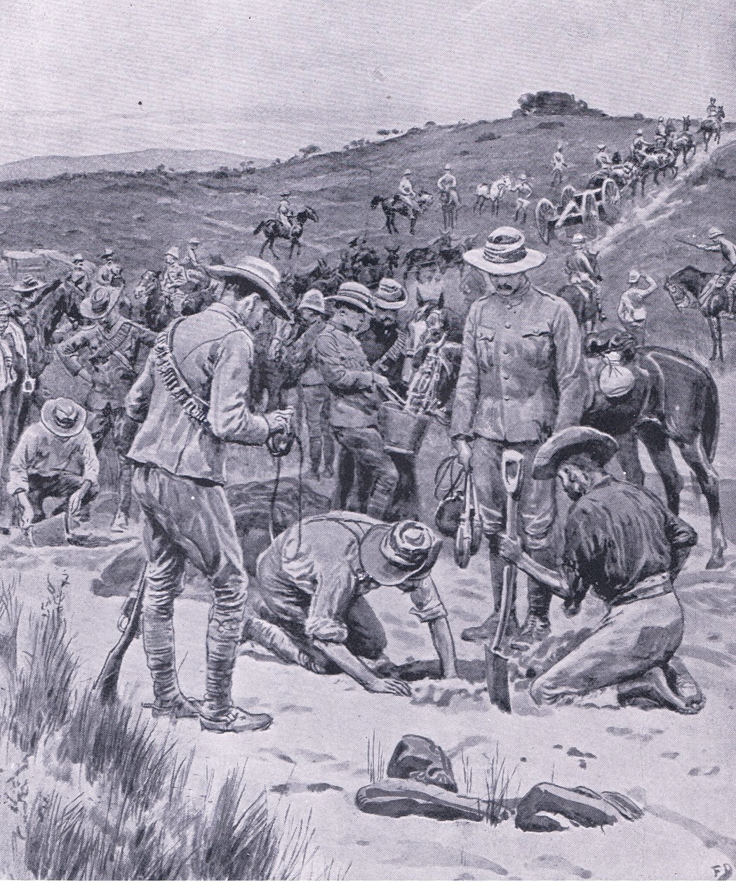 Searching for water, z After Pretoria: The Guerilla War, wydanej przez Harmsworth Bros Limited, 1901 autorstwa Frank Dadd
