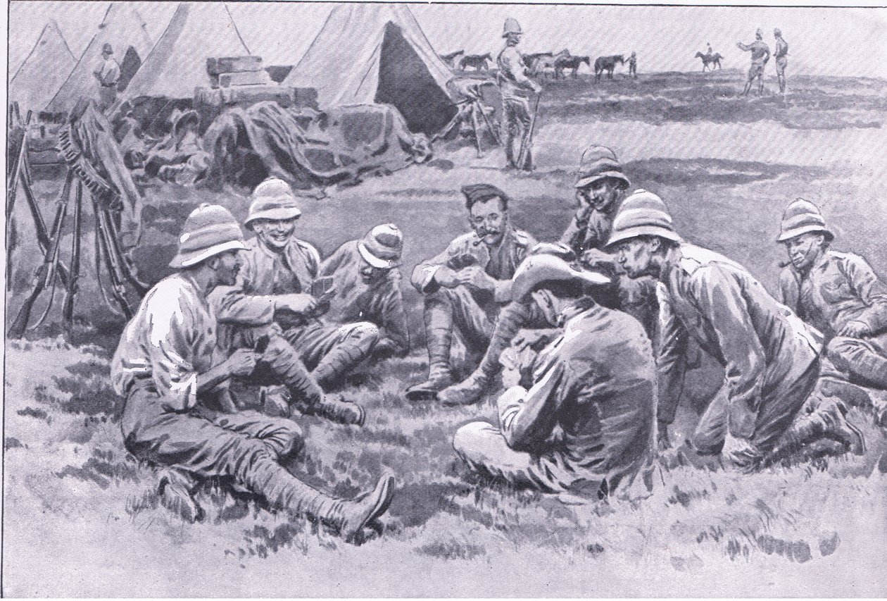 Zmęczeni żołnierze odpoczywający, z After Pretoria: The Guerilla War wydanego przez Harmsworth Bros Limited, 1901 autorstwa Frank Dadd