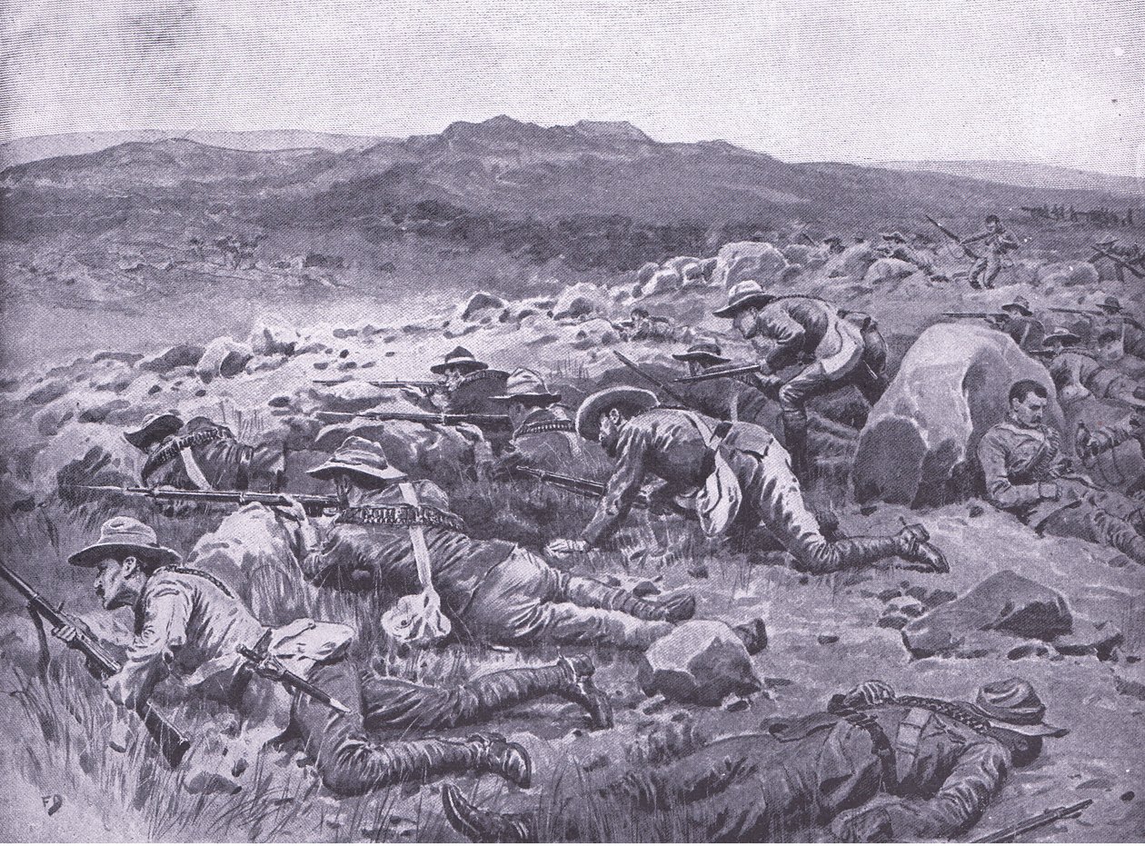 Z cesarskimi buszmenami z Queensland w Rhenoster Kop 29 listopada 1900, ilustracja z After Pretoria: The Guerilla War, 1902 autorstwa Frank Dadd