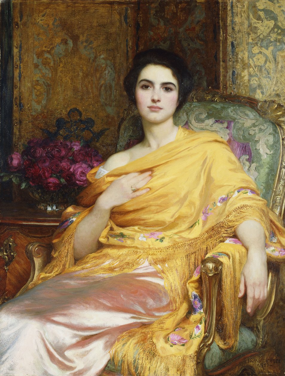 Portret Elsy, córki Williama Halla, długości trzech czwartych, siedzącej w różowej sukience i żółtej chuście, 1927 autorstwa Frank Dicksee