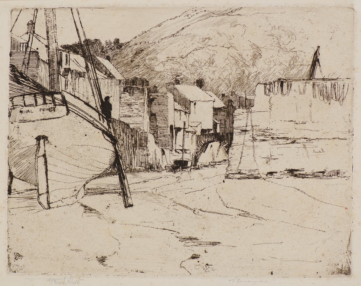 Port Polperro z mostem (akwaforta) autorstwa Frank and Goulding Frederick Short