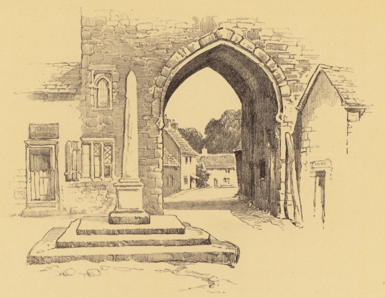 Cartmel, brama opactwa (litografia) autorstwa Frank Greenwood