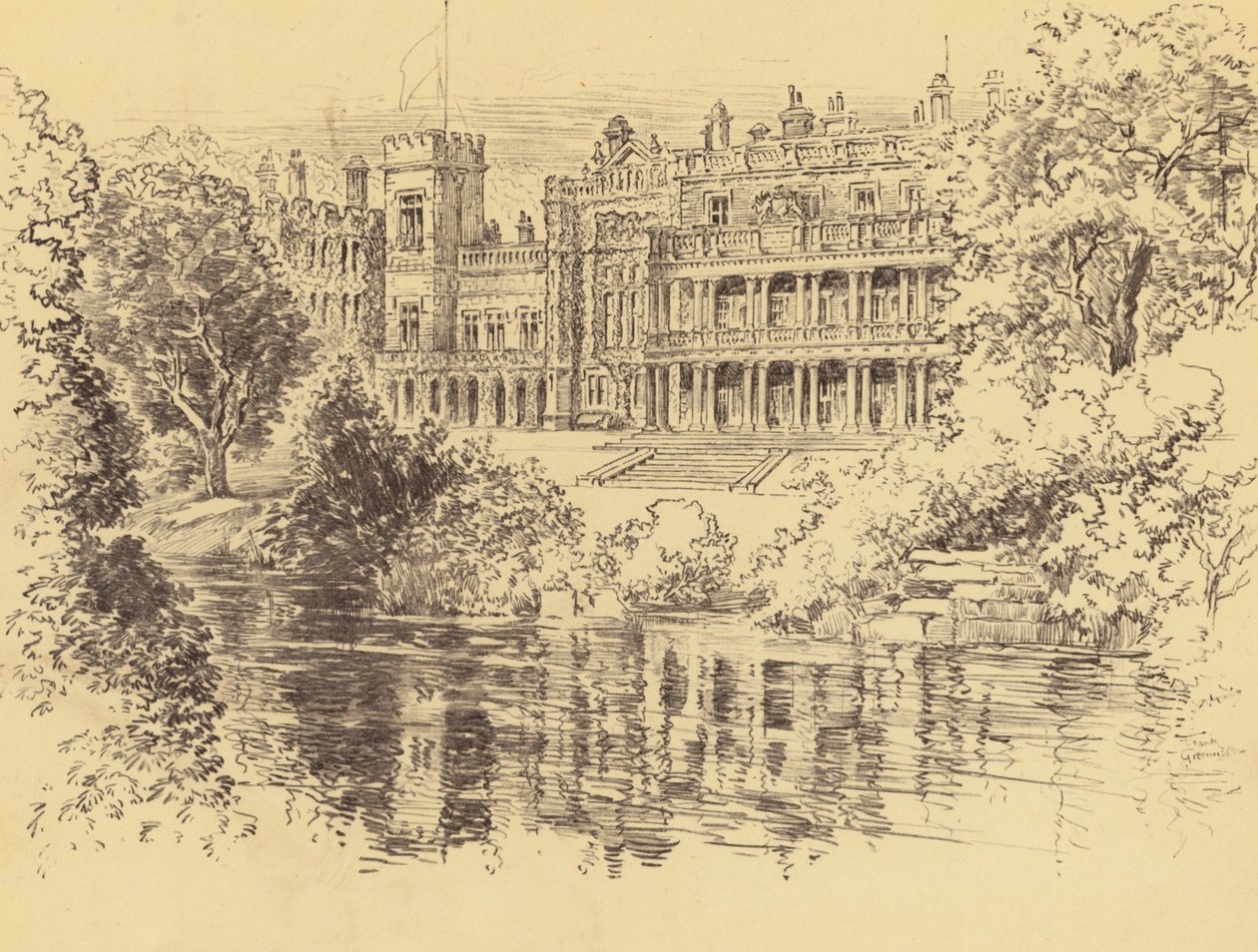 Knowsley Hall (litografia) autorstwa Frank Greenwood