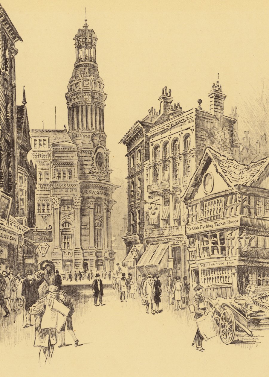 Manchester, The Royal Exchange i Old Market Place (litografia) autorstwa Frank Greenwood