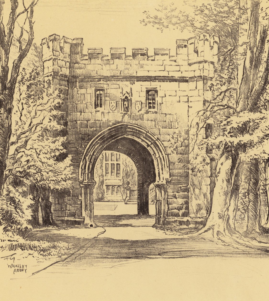 Whalley Abbey, The North-Eastern Gateway (litografia) autorstwa Frank Greenwood