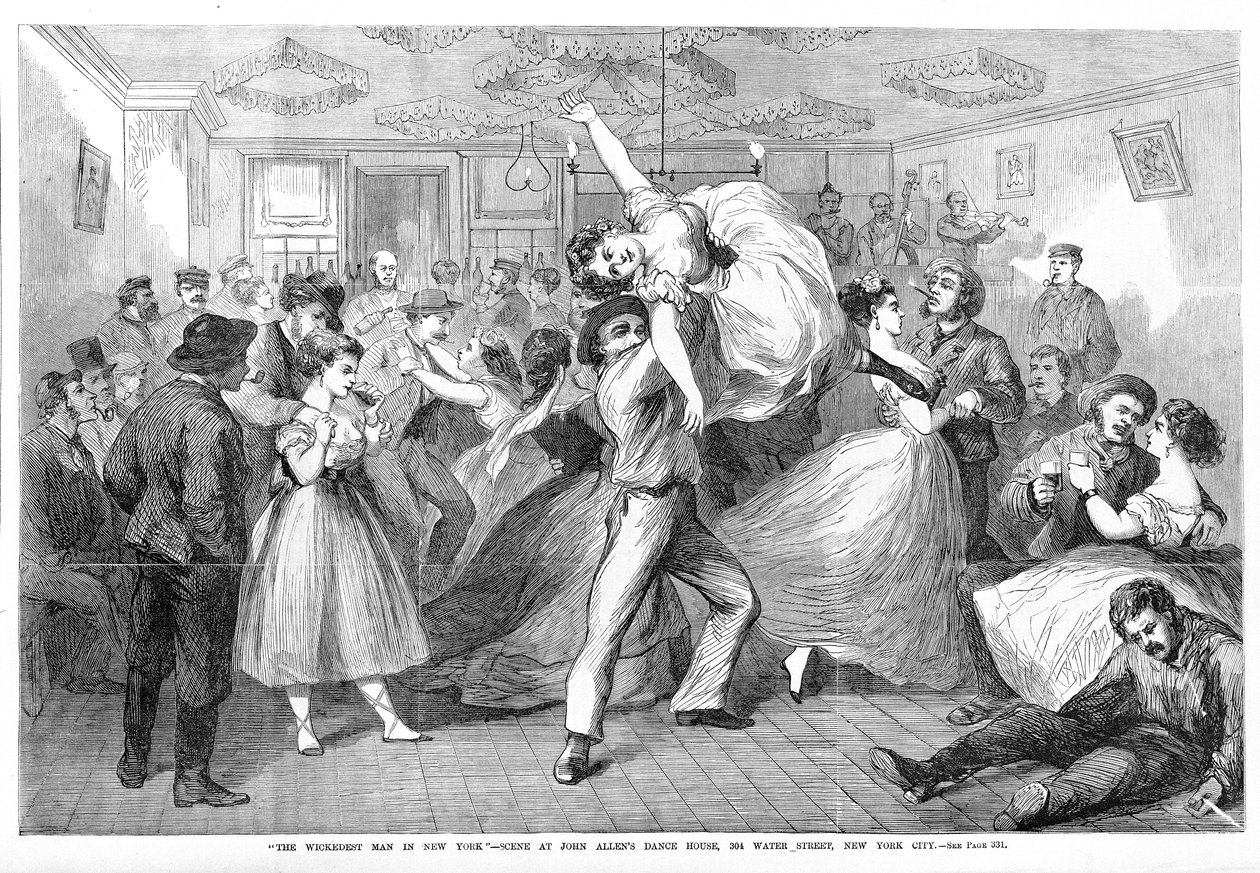 The Wickedest Man in New York, scena z John Allans Dance House, 304 Water Street, New York City, z Frank Leslies Illustrated Newspaper, 1868 autorstwa Frank Leslie