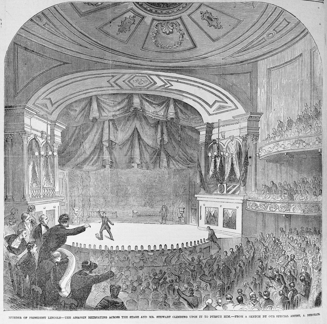 Zabójstwo Abrahama Lincolna (1809-1865) w loży w teatrze Forda, 14 kwietnia 1865, z „Ilustrowanej gazety Franka Lesliego”, 20 maja 1865 autorstwa Frank Leslie