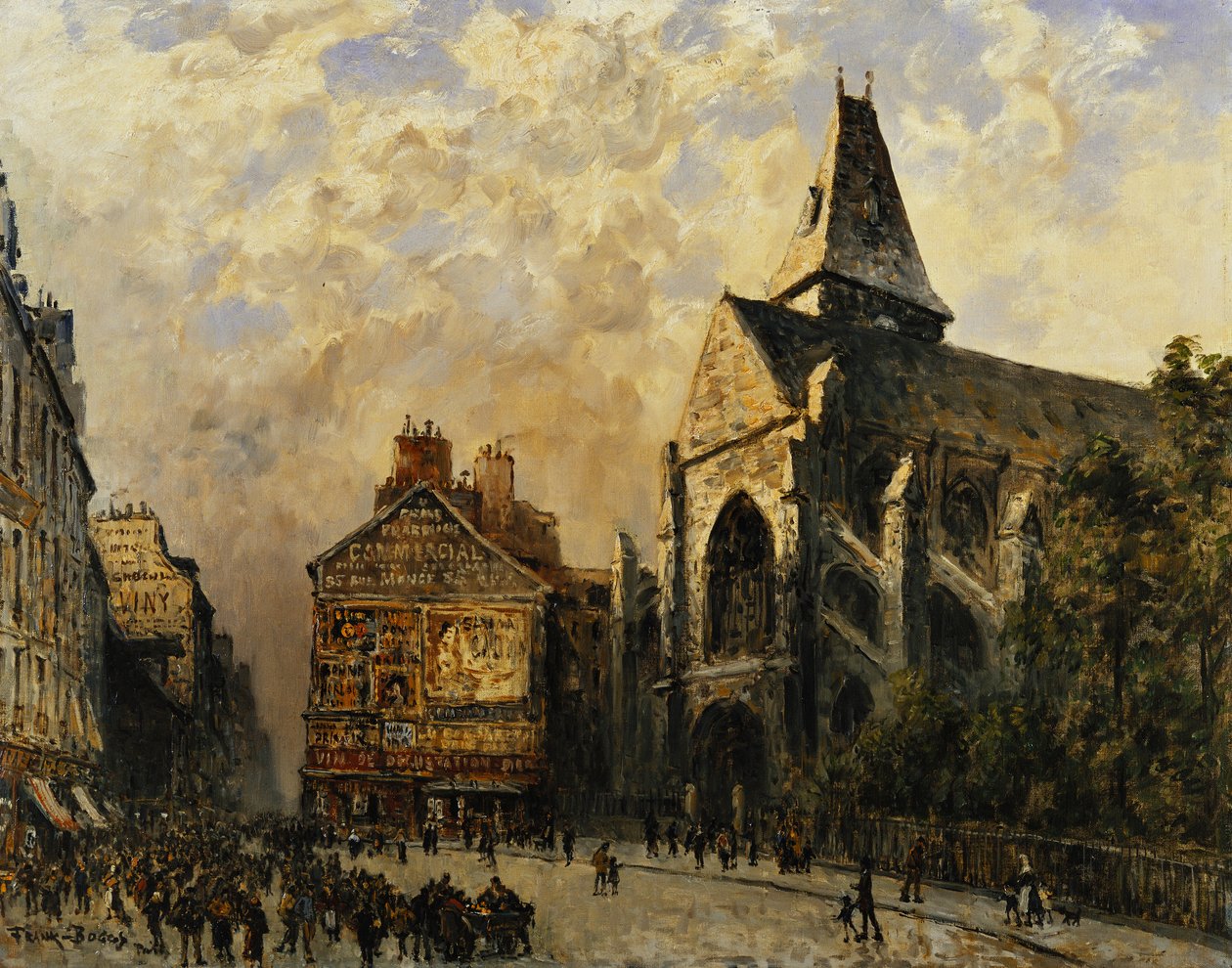 Scena uliczna za kościołem św. Medarda, Paryż; Scena uliczna przed kościołem Saint-Medard, Paryż, autorstwa Frank Myers Boggs